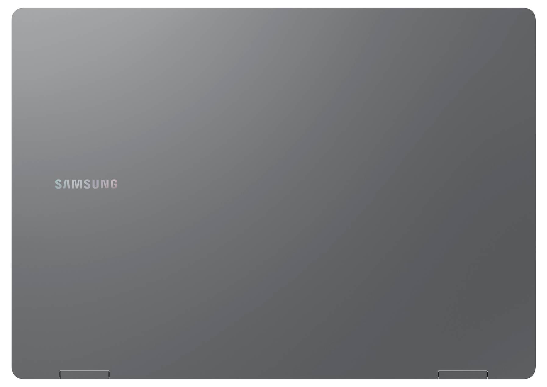Laptop grigio Samsung visto dall'alto, chiuso. Il logo è visibile nell'angolo in alto a sinistra.