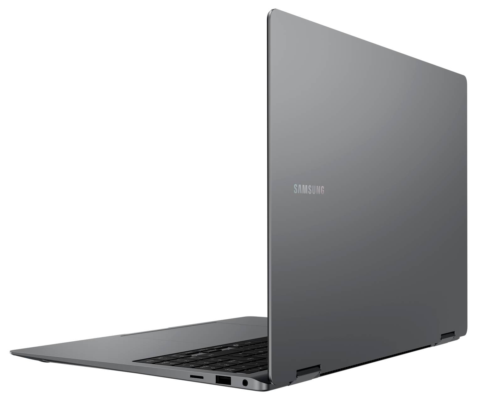 Laptop grigio-nero visto da dietro, parzialmente aperto. Logo del marchio visibile sul coperchio.