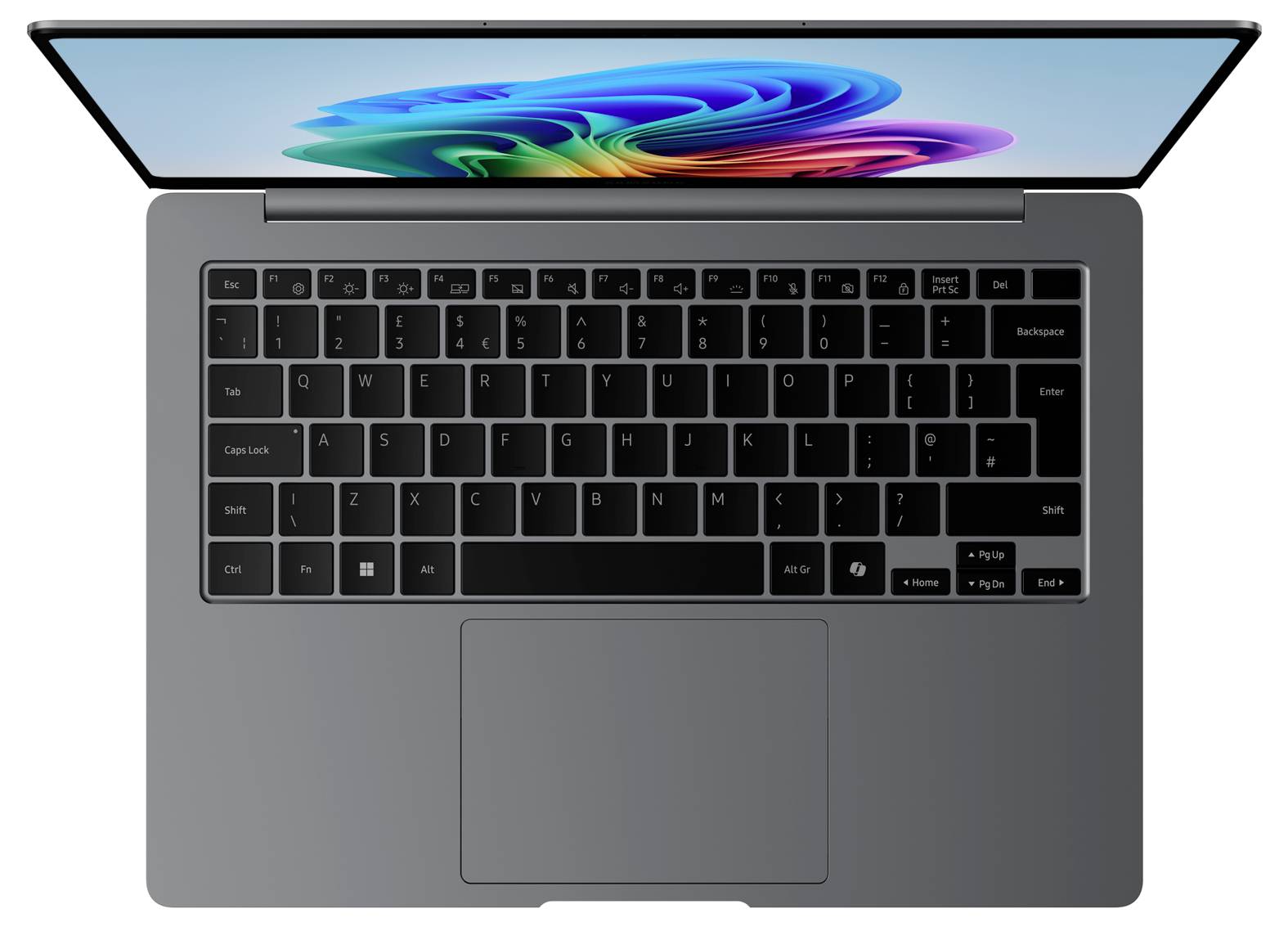 Un laptop moderno visto dall'alto, aperto, con uno schermo luminoso multicolore e una tastiera nera.
