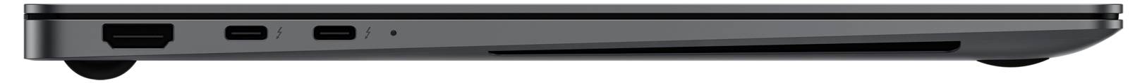 Un laptop chiuso, visto di lato, mostra le porte USB e una porta HDMI.