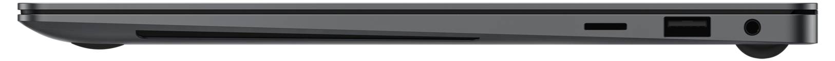 Un profilo laterale di un laptop chiuso che mostra le porte, incluse le porte USB e l'ingresso audio.