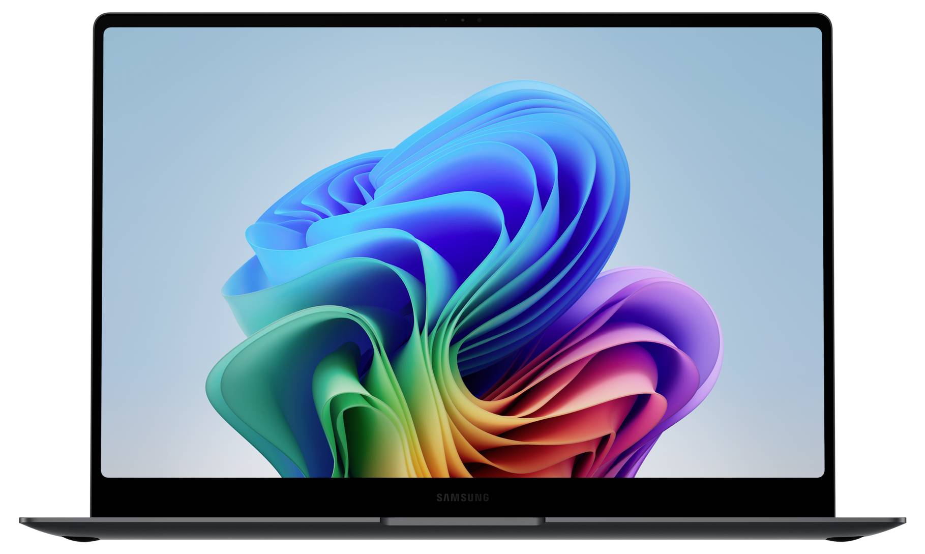 Un laptop con un design astratto e luminoso su schermo, multicolore, che appare su uno sfondo blu.
