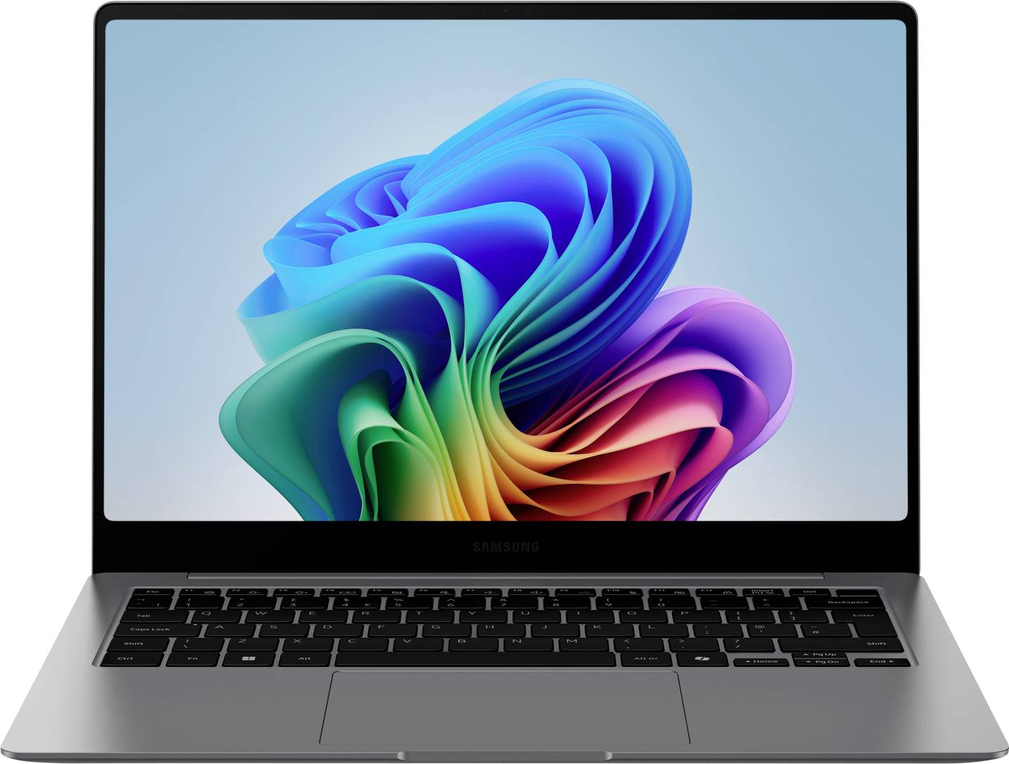 Un laptop con tastiera nera e schermo aperto. Sullo schermo è visibile un'immagine astratta e colorata.