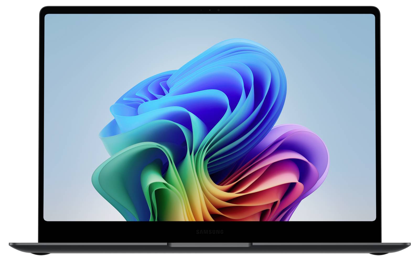 Un display di un laptop mostra un motivo astratto tridimensionale colorato su uno sfondo chiaro. Il laptop ha cornici sottili di colore nero.