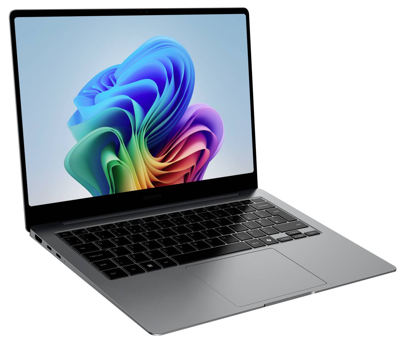 Un laptop moderno con tastiera e uno sfondo schermo astratto e colorato. Il dispositivo è posizionato su uno sfondo bianco.