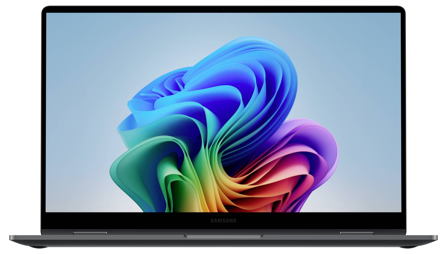 Un laptop con uno schermo che mostra un design astratto 3D colorato. Logo del marchio in basso sullo schermo.