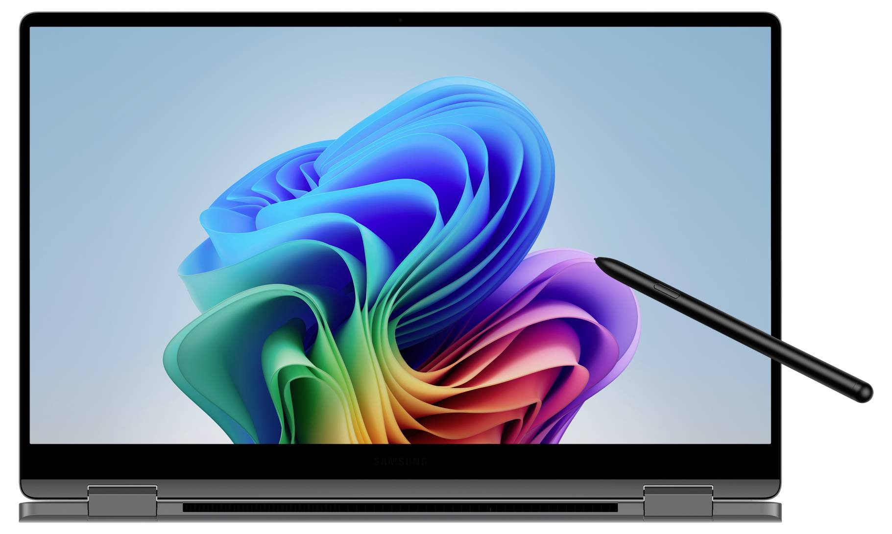 Un laptop con lo schermo sollevato mostra una grafica astratta colorata. Una penna digitale è posizionata vicino al display.