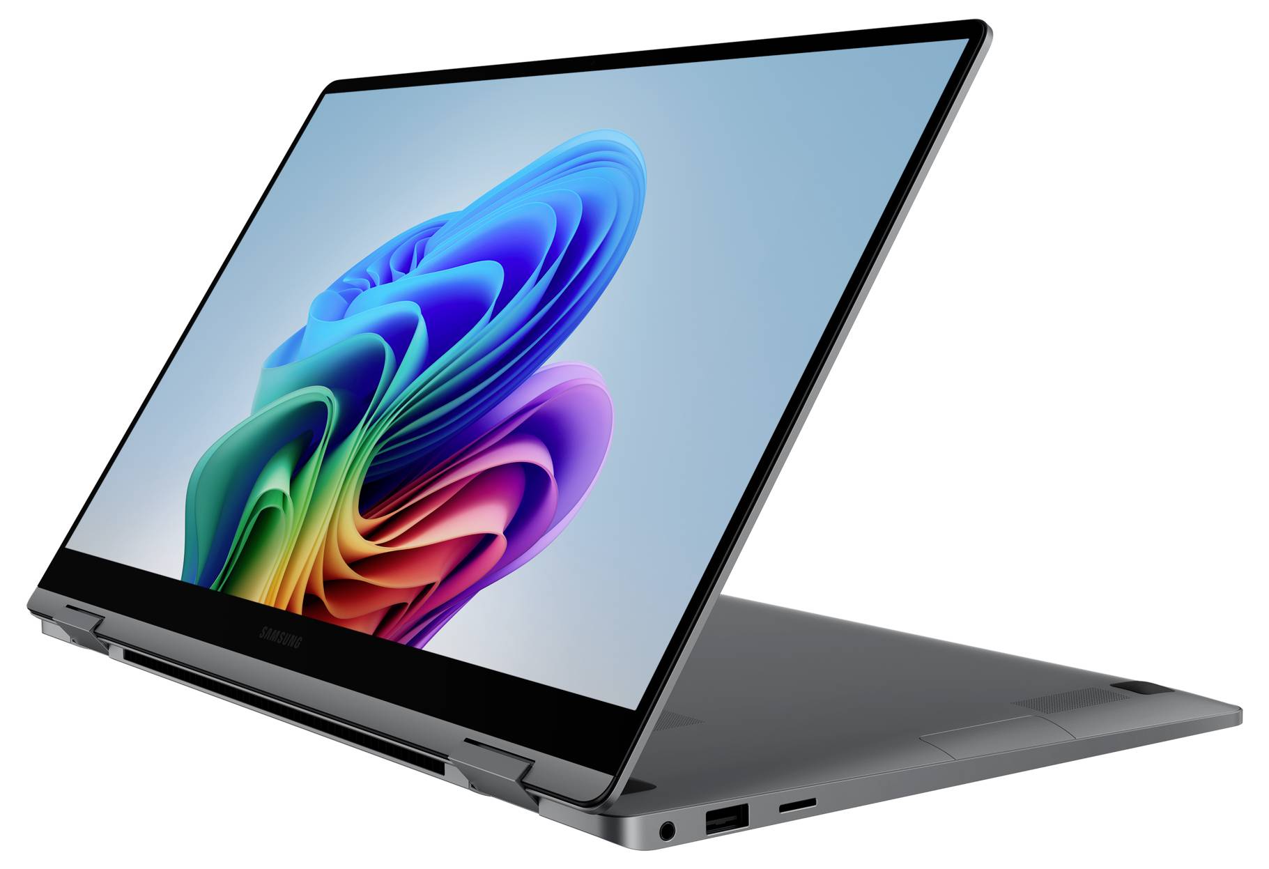 Un laptop con schermo aperto mostra un grafico astratto e colorato. Il dispositivo è poggiato su un tavolo.