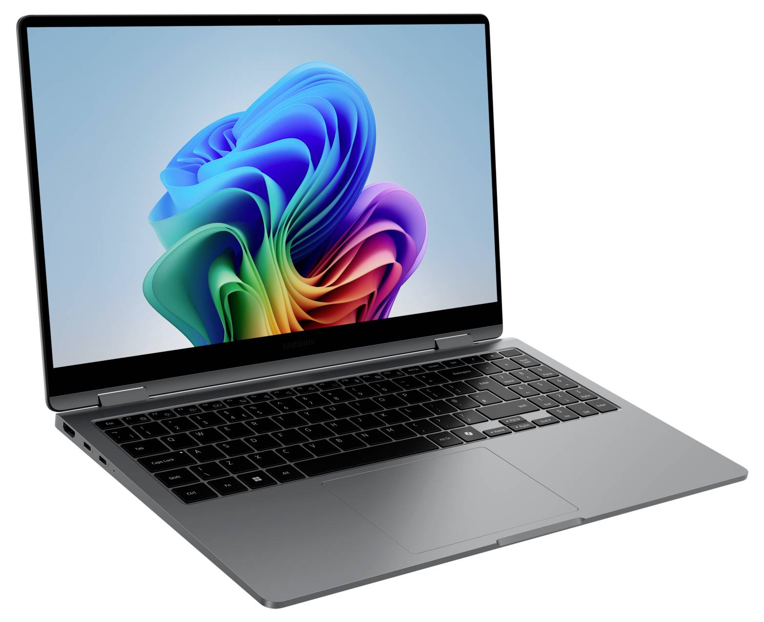 Un laptop moderno con tastiera nera e uno sfondo astratto colorato sullo schermo.