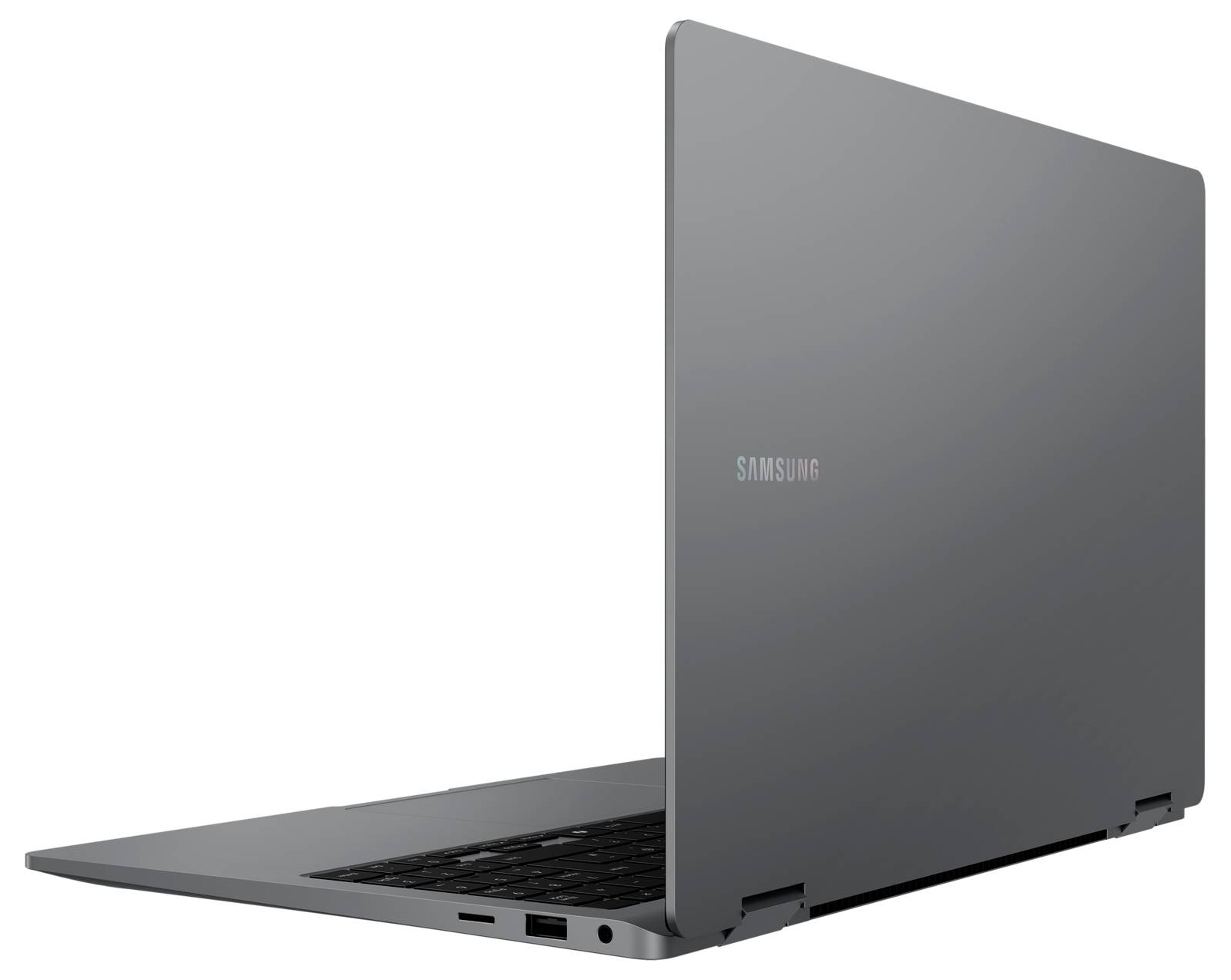 Un laptop d'argento aperto, parzialmente visibile, con la scritta 'Samsung' sul coperchio.