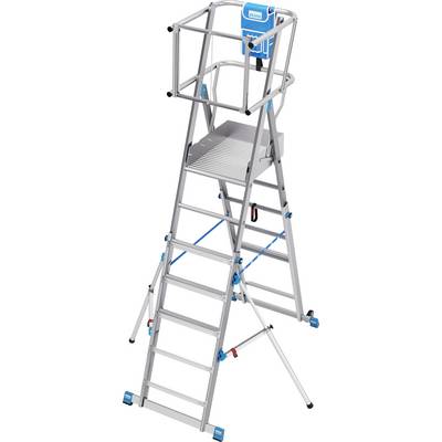 Una piattaforma di lavoro stabile, color argento grigio, dotata di parapetto di sicurezza e accessibile tramite una scala. Adatta per lavori in quota.
