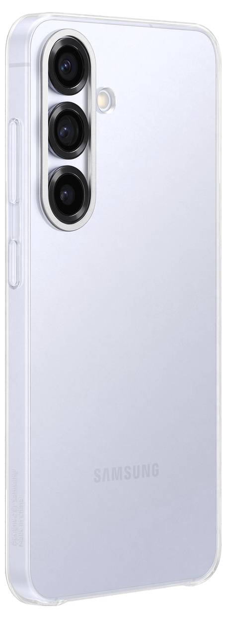 Un smartphone argento di Samsung con tre obiettivi fotografici disposti verticalmente sul retro.