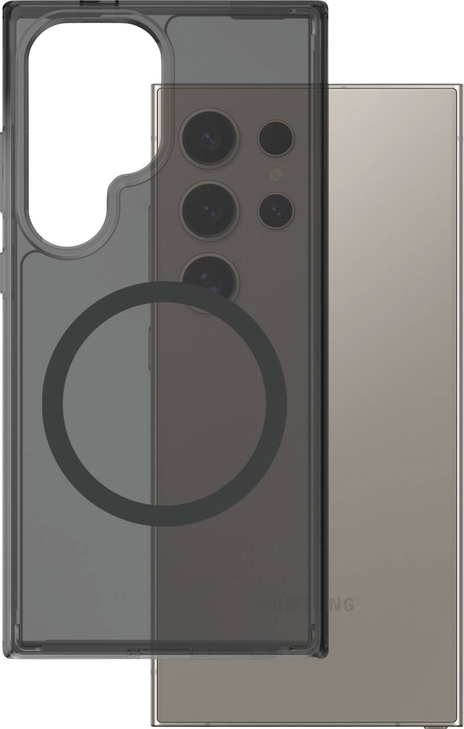 Custodia per smartphone trasparente con anello magnetico circolare, posizionata sopra un moderno smartphone con multiple lenti fotografiche.