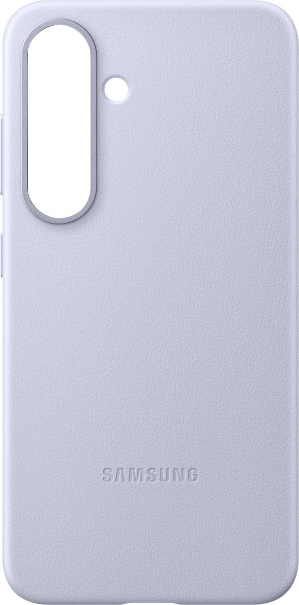 Custodia per cellulare Samsung in similpelle blu chiaro, con tagli precisi per fotocamera e tasti, dal design essenziale.