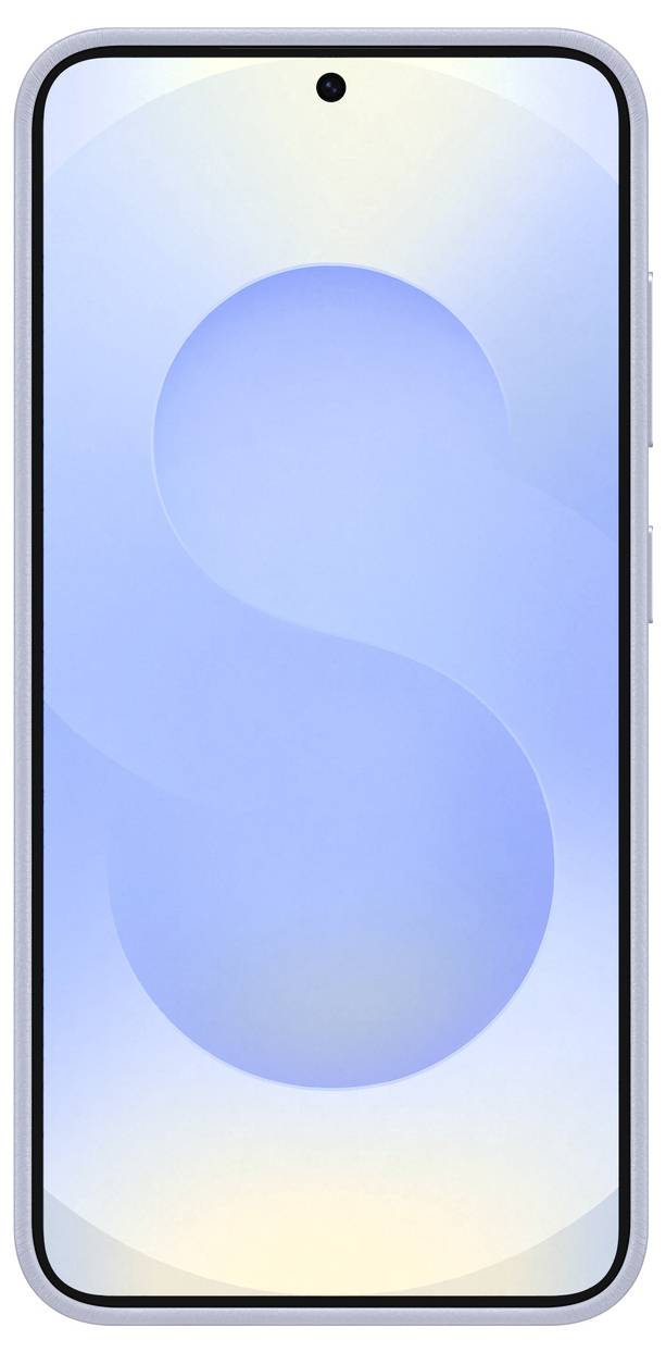 Uno smartphone in vista frontale con uno schermo che mostra una S astratta blu. Il dispositivo ha un foro per la fotocamera frontale.