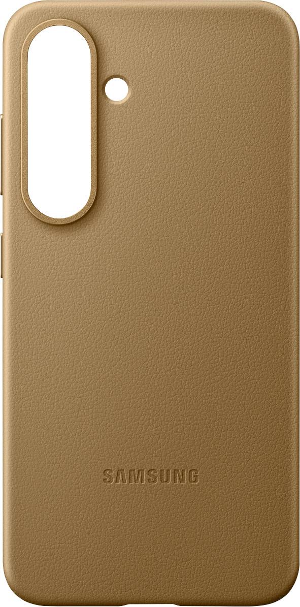 Cover marrone per Samsung con ritaglio verticale per la fotocamera e nome del marchio impresso in basso.