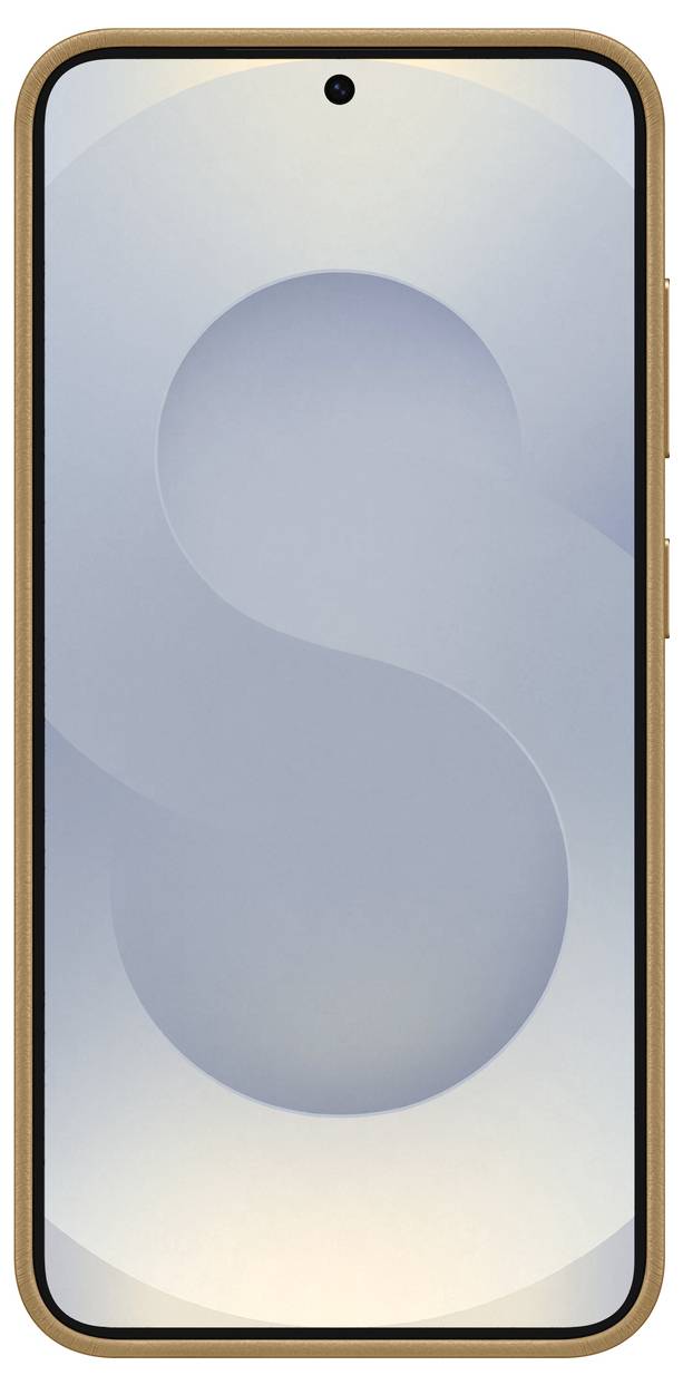 Smartphone con cornice color oro e uno sfondo schermo minimale che mostra una grande lettera 'S' in tonalità di grigio.