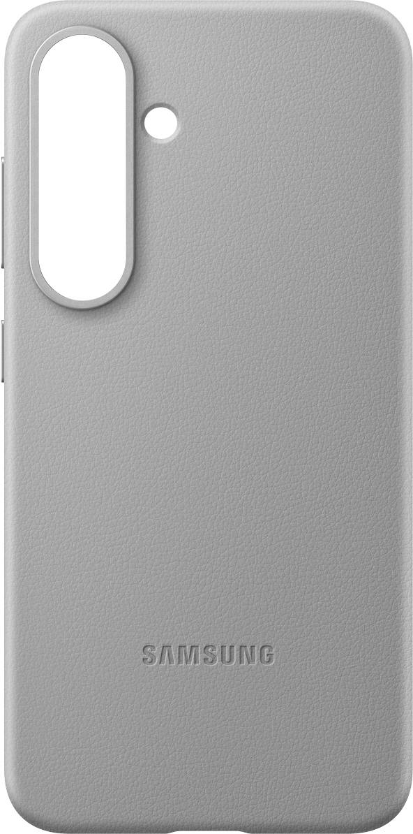 Cover grigio per cellulare Samsung con foro per la fotocamera e logo Samsung impresso in basso. Design semplice e moderno.
