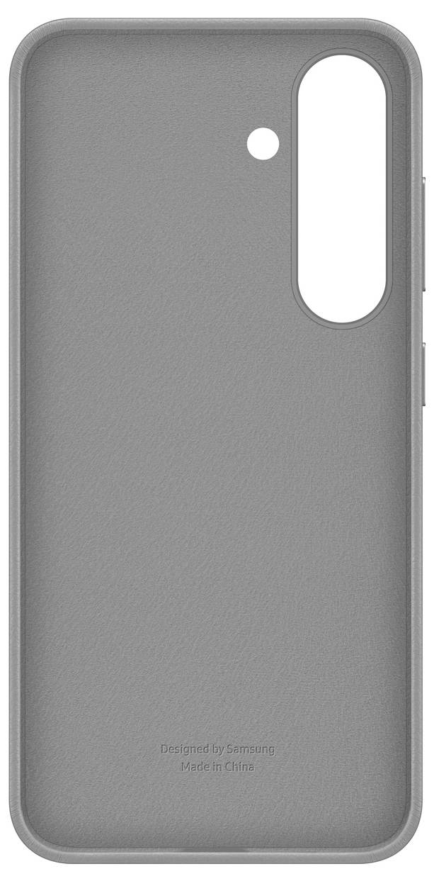 Custodia grigia per smartphone con ritaglio per fotocamera e scritta 'Designed by Samsung, Made in China' in basso.