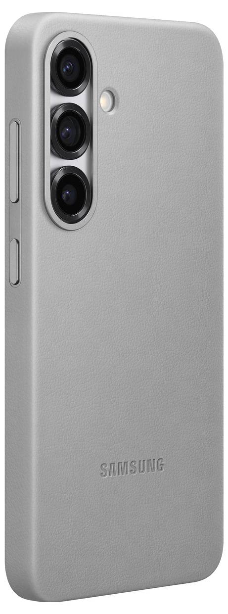 Custodia grigia per smartphone con tre obiettivi fotografici sul retro, nome del marchio 'Samsung' visibile.