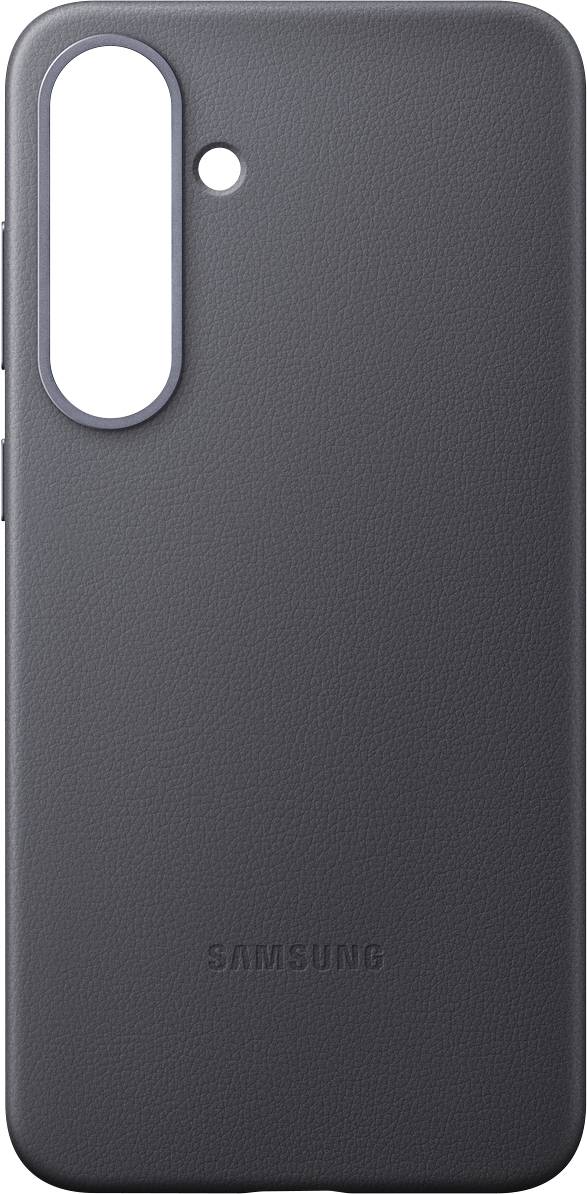 Cover nero per smartphone con ritaglio per l'obiettivo della fotocamera e logo Samsung al centro.
