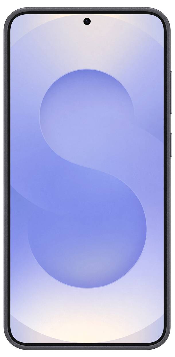 Smartphone con cornice nera e display ampio mostra uno sfondo blu con sfumature morbide.