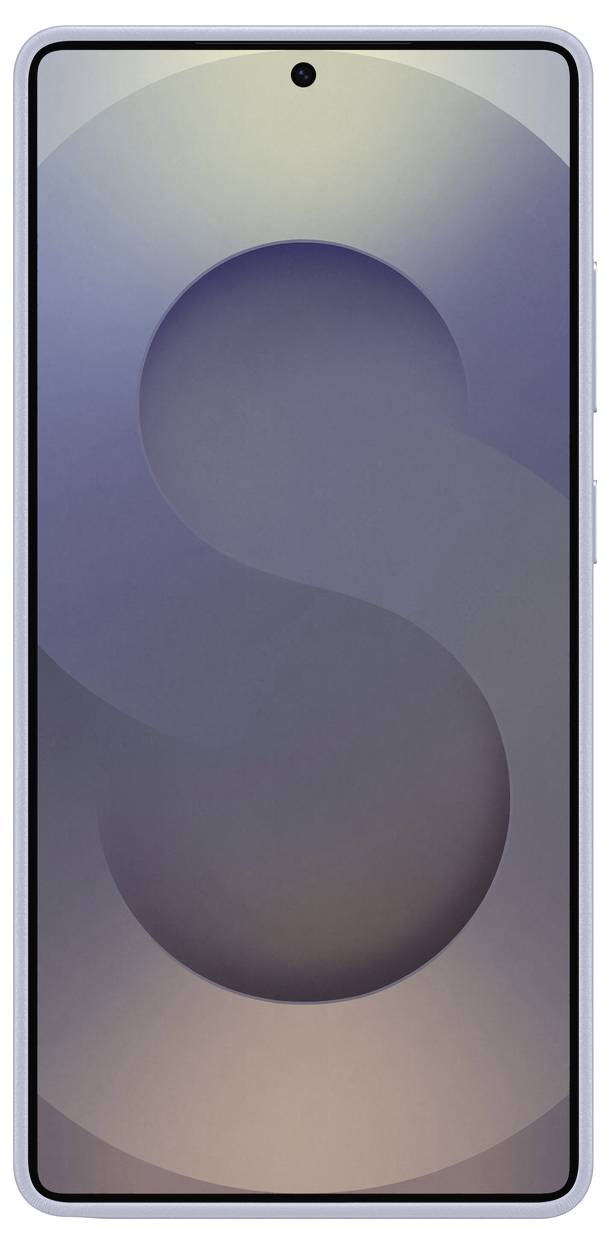 Smartphone di colore argento, raffigurato frontalmente con un ampio display e un'apertura della fotocamera posizionata centralmente nella parte superiore.