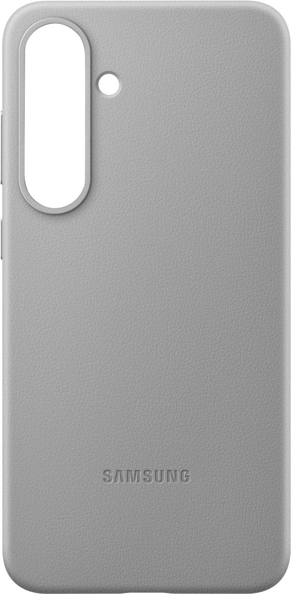 Custodia per smartphone grigia in pelle con ritaglio per la protezione della fotocamera e logo Samsung sul bordo inferiore.