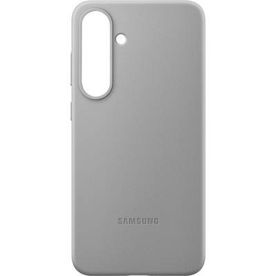 Custodia per smartphone grigia in pelle con ritaglio per la protezione della fotocamera e logo Samsung sul bordo inferiore.