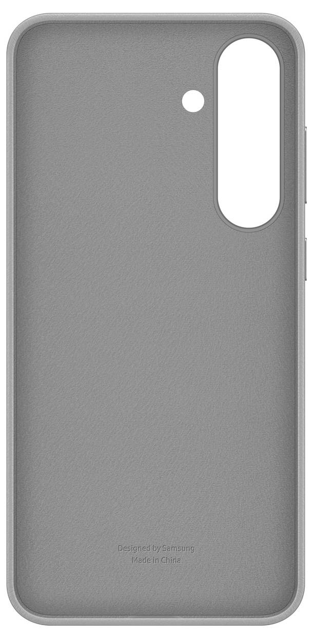 Cover protettivo per smartphone grigio con foro per la fotocamera. Superficie liscia, privo di decorazioni. Testo nella parte inferiore: 'Designed by Samsung, Made in China'.