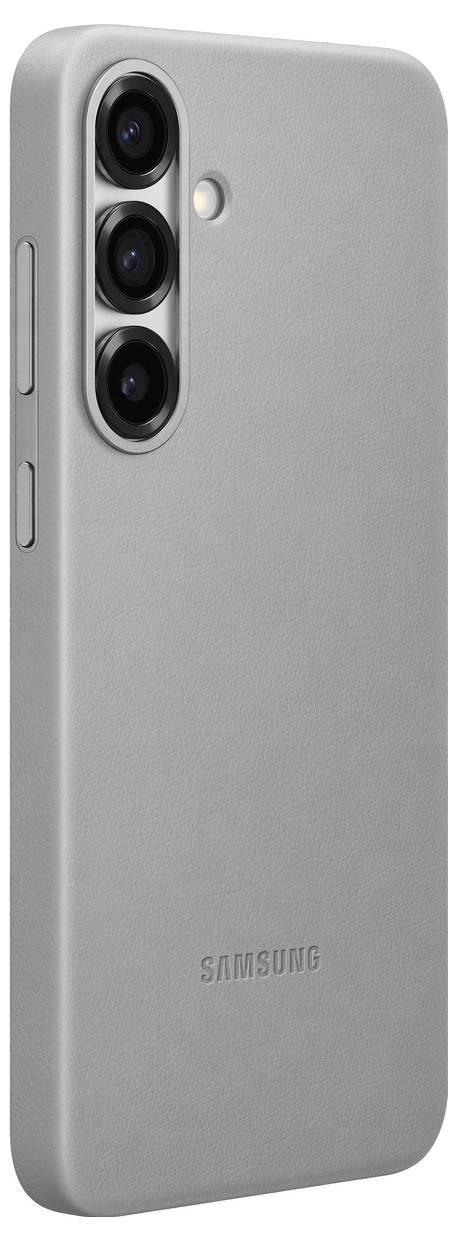 Retro di uno smartphone con custodia grigia, tre obiettivi fotocamera verticali e flash LED.