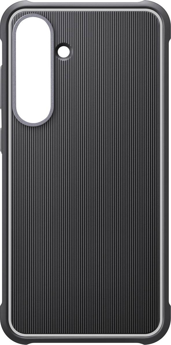 Cover nero strutturato per smartphone con preciso ritaglio per fotocamera e area laterale per i tasti, compatibile con un dispositivo mobile.