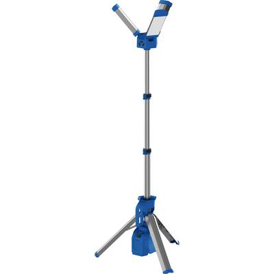 'Una luce portatile da cantiere pieghevole con tre bracci su un treppiede stabile. La lampada blu e argento è in posizione verticale.'