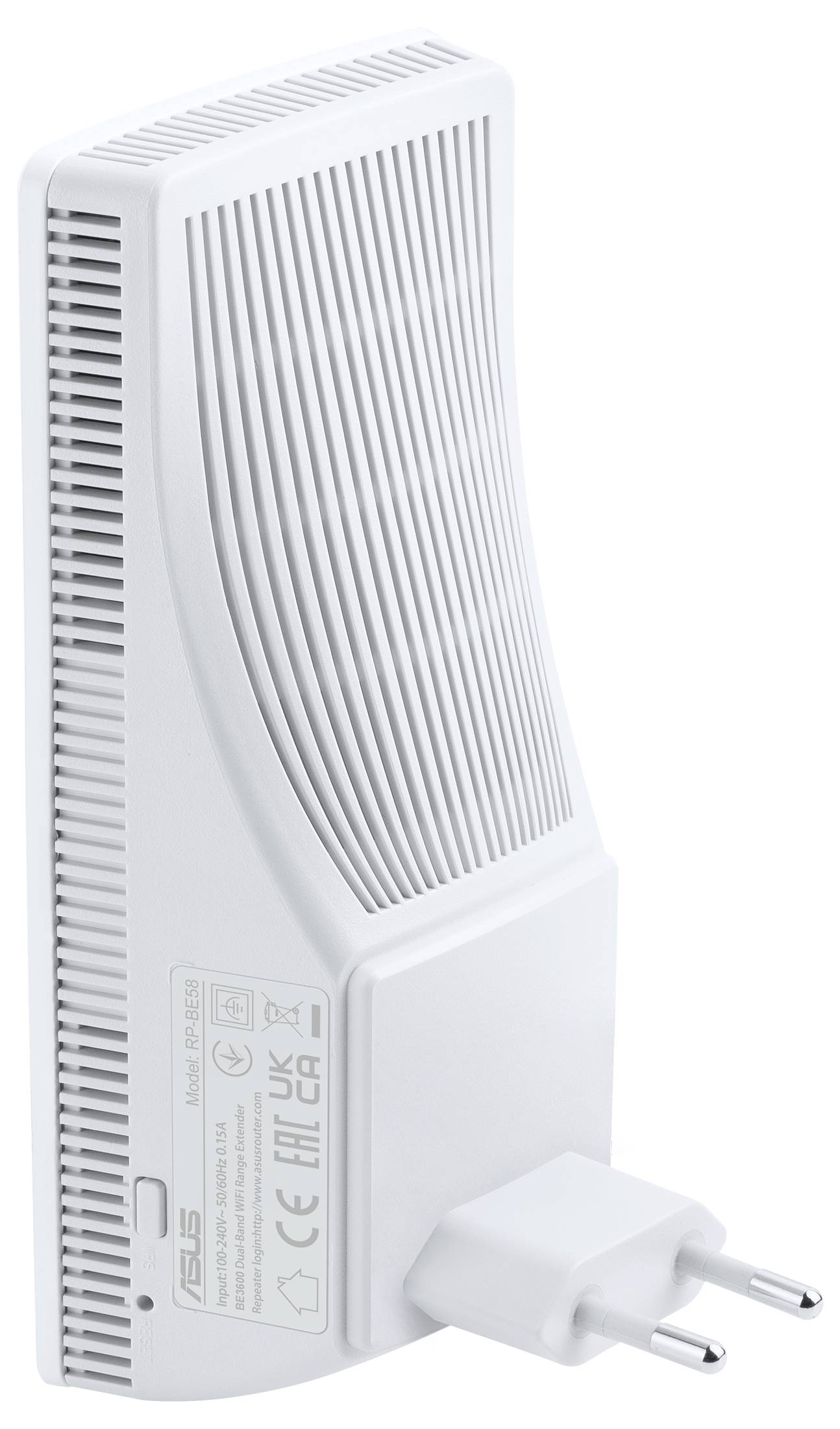 Un ripetitore Wi-Fi bianco di ASUS con spina, fessure di ventilazione laterali e marchio CE. Adatto per estendere il segnale Wi-Fi.