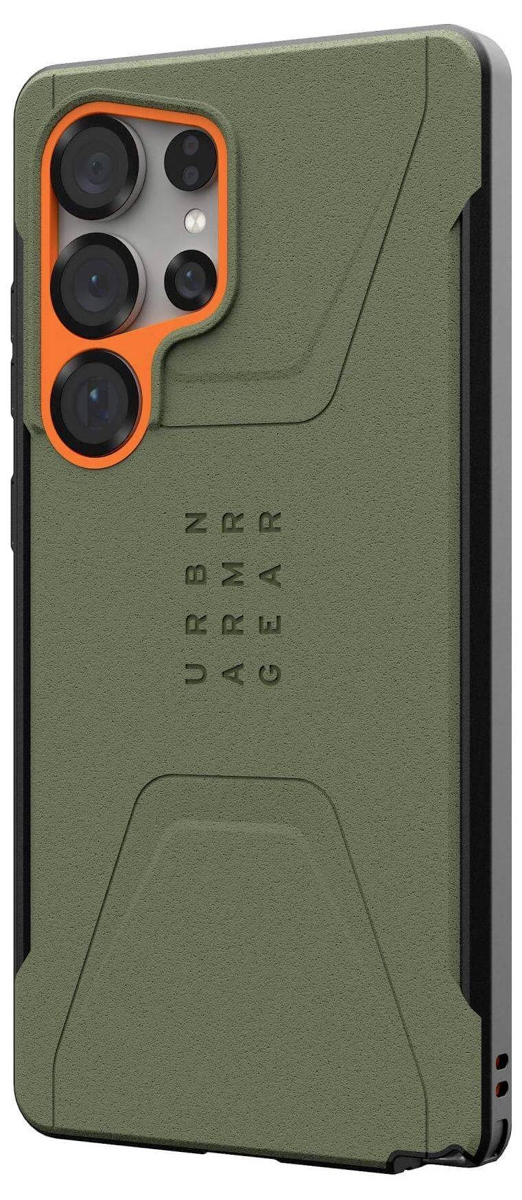 Uno smartphone con custodia protettiva verde oliva robusta di URBN ARMOR GEAR e cornice arancione intorno alle fotocamere.