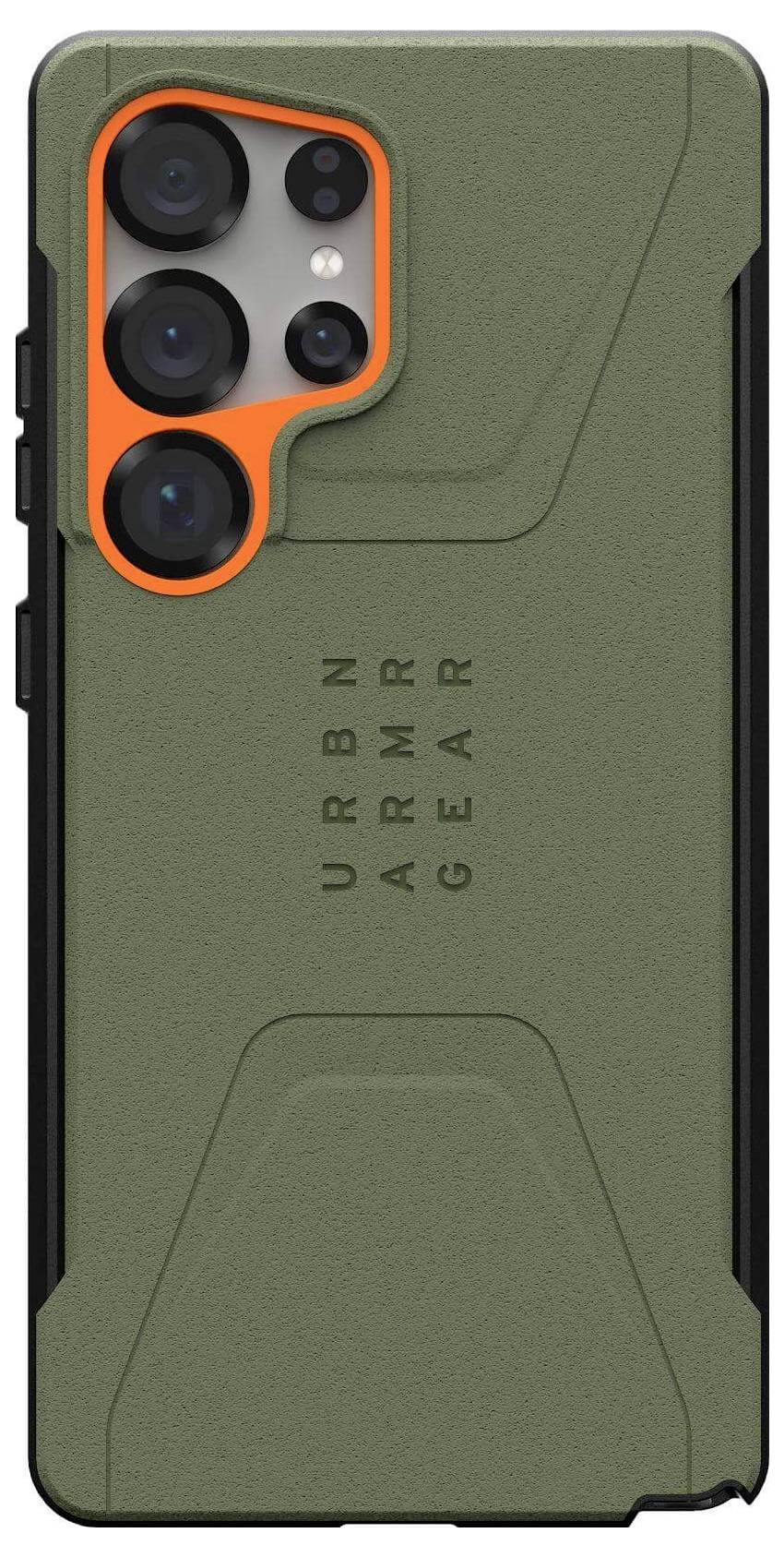 Cover per smartphone dal design robusto in verde oliva, contrassegnata con 'URBN ARMR GEAR'. Protezione rinforzata intorno alle fotocamere.