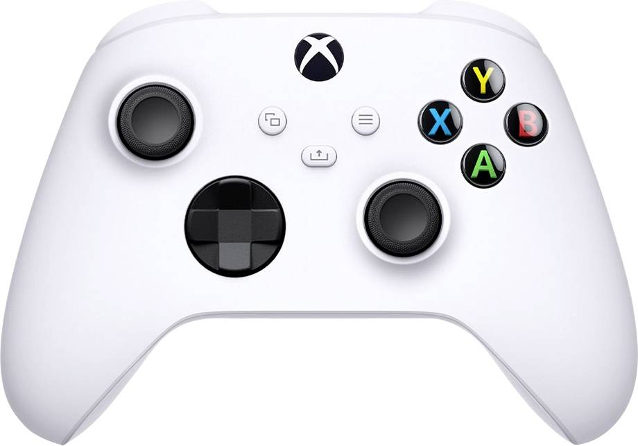 Un controller per videogiochi bianco con tasti colorati, croce direzionale e stick analogici. In alto è presente un logo a forma di X.
