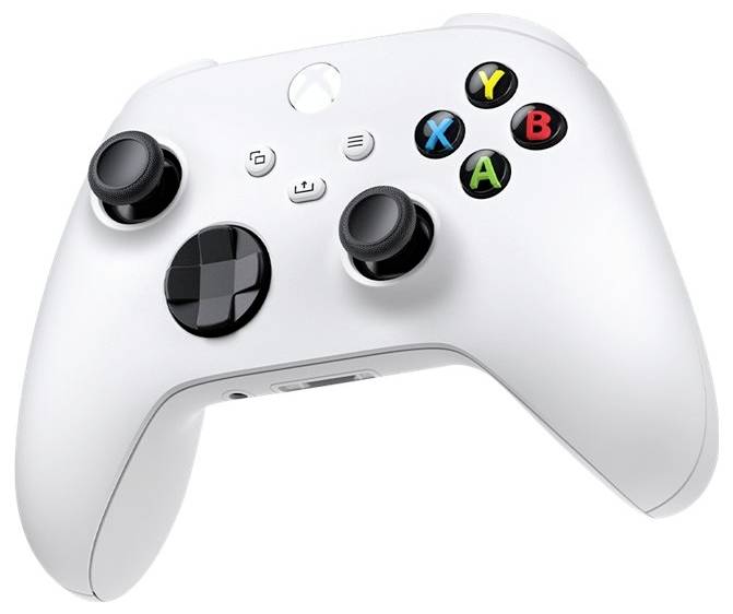 Un controller da gaming bianco con levette analogiche nere e tasti colorati (A, B, X, Y), che galleggia su uno sfondo bianco.