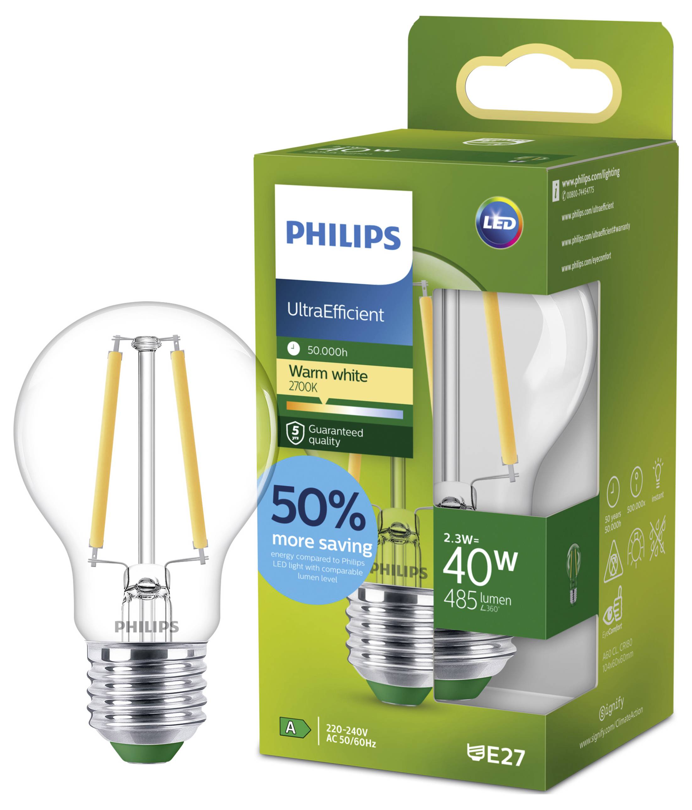 Confezione della lampadina LED UltraEfficient Philips che mostra una lampadina E27, equivalente a 40W, 485 lumen, bianca calda 2700K, ed etichetta "50% più risparmio".
