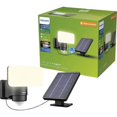 Luce da parete alimentata a energia solare Philips con pannello solare separato, che mostra la scatola del prodotto e la fixture illuminata.