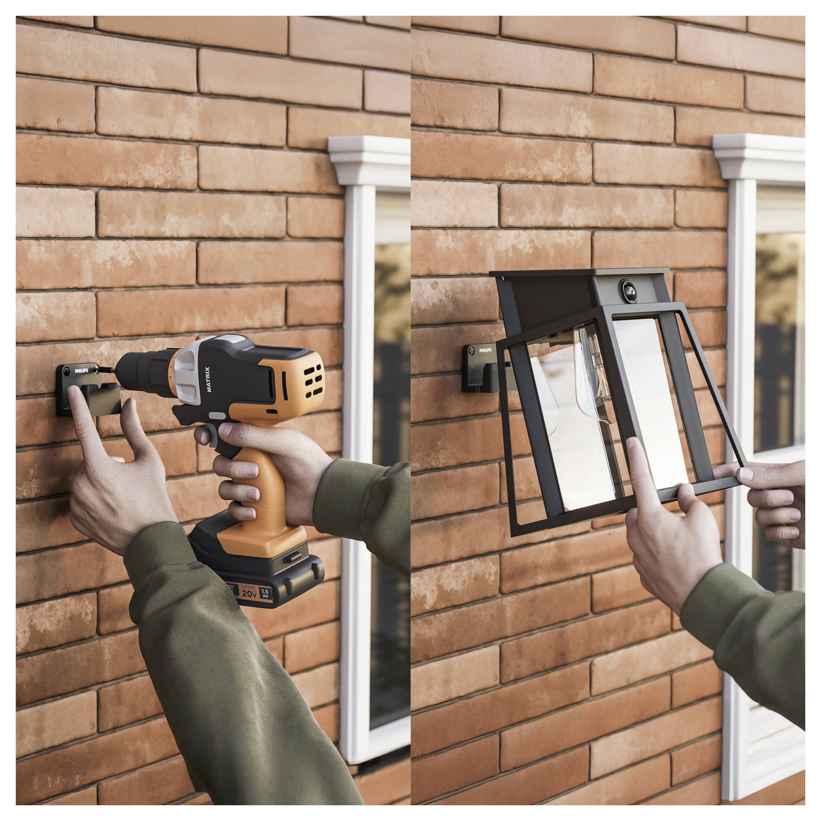 Mani che installano una lampada nera da parete per esterni su una casa in mattoni accanto a una finestra con cornice bianca.