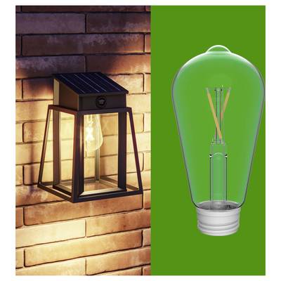 Immagine divisa: a sinistra, una lanterna esterna montata a parete brilla contro un muro di mattoni; a destra, una lampadina trasparente in stile LED su uno sfondo verde.