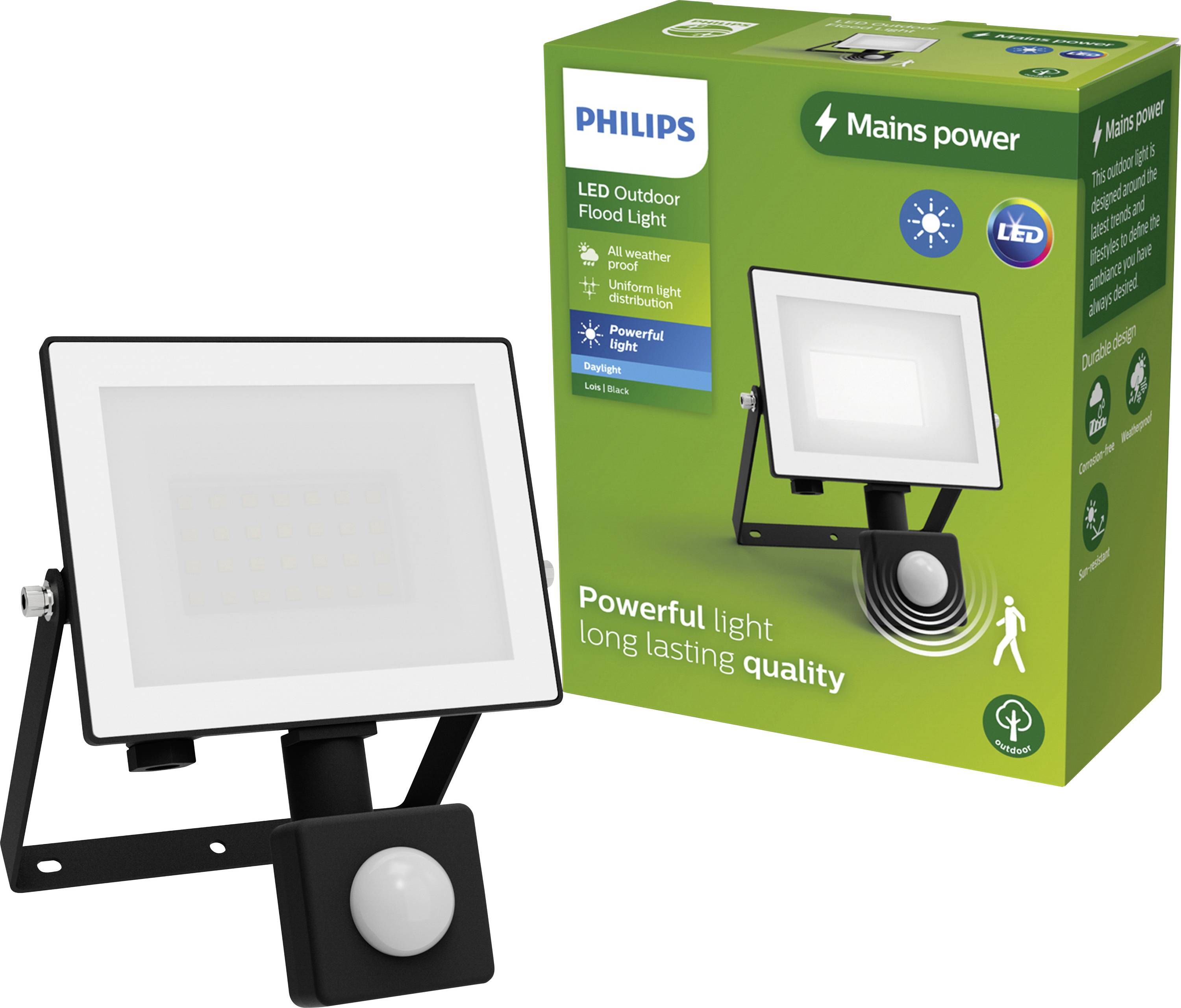 Una luce esterna nera a LED di Philips con sensore di movimento è posizionata accanto alla confezione, che contiene testi sulla qualità e le prestazioni.