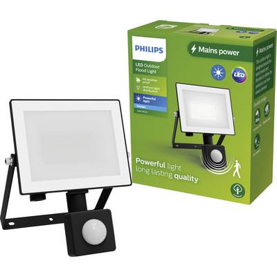 Una luce esterna nera a LED di Philips con sensore di movimento è posizionata accanto alla confezione, che contiene testi sulla qualità e le prestazioni.