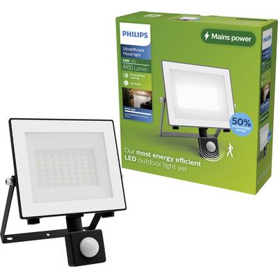 Philips UltraEfficient faretto LED per esterno con sensore di movimento, mostrato accanto alla sua confezione del prodotto verde etichettata con LED 24W e 4450 lumen.