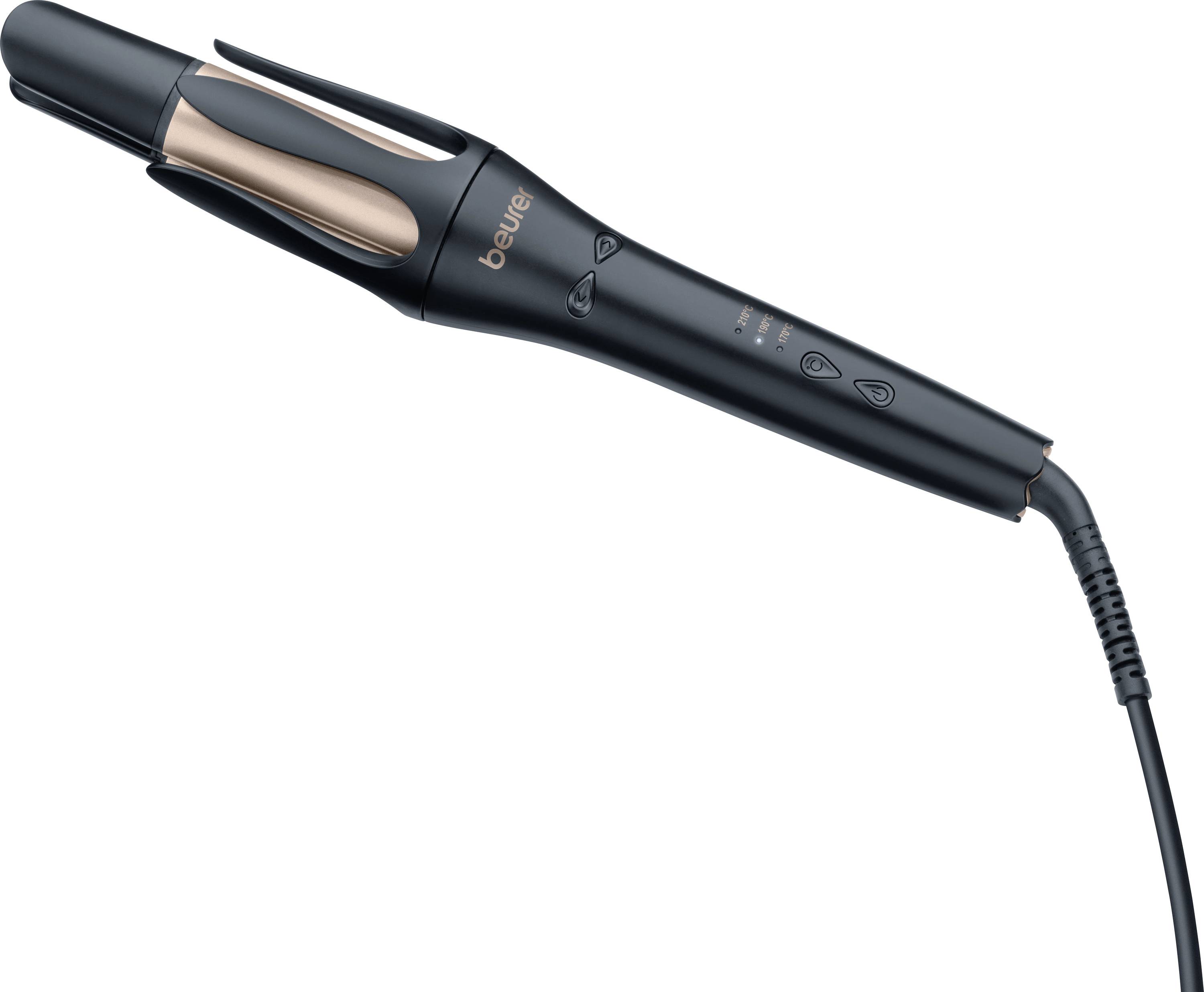 Arricciacapelli elettrico con custodia nera e dettagli color bronzo, adatto per lo styling dei capelli.