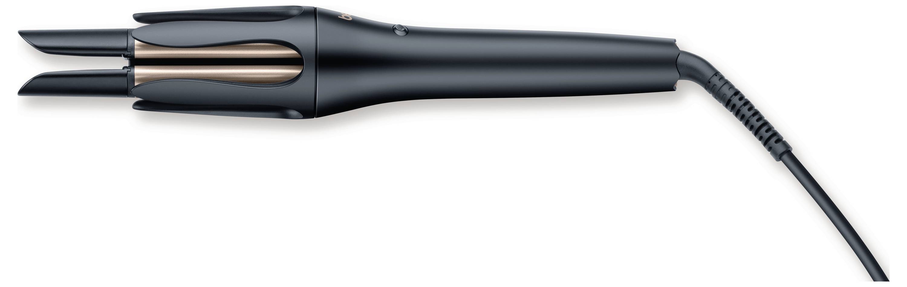 Arricciacapelli nero con accenti dorati e cavo. Adatto per lo styling dei capelli.