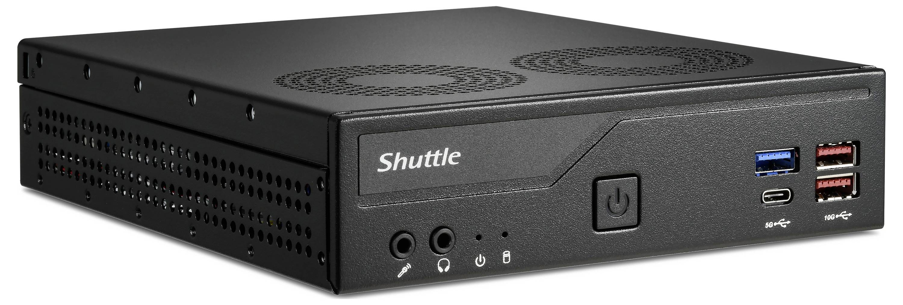 Mini PC nero con il marchio 'Shuttle' sulla parte anteriore. Dotato di porte USB e fessure di ventilazione.