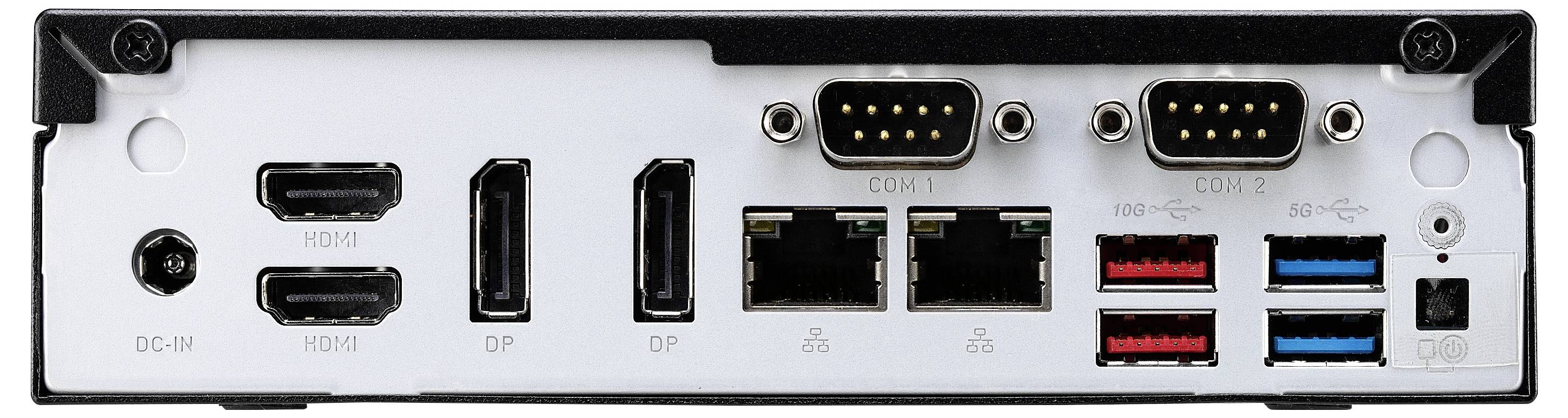 Retro di una scheda madre del computer con diversi porte: HDMI, DisplayPort, porte seriali e USB, porte LAN.