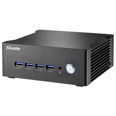 Un mini PC nero con la scritta 'Shuttle', quattro porte USB e un pulsante di accensione illuminato sul davanti.
